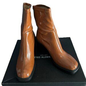 NIB Kenneth Cole Amber Heel Patent Square Toe Bootie Rust-7.5M